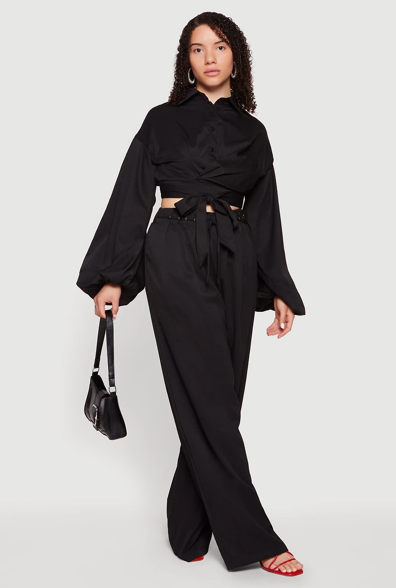 Faux Wrap Balloon Sleeve Cropped Shirt