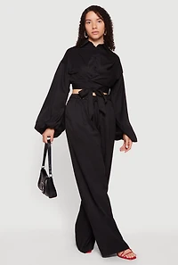 Faux Wrap Balloon Sleeve Cropped Shirt
