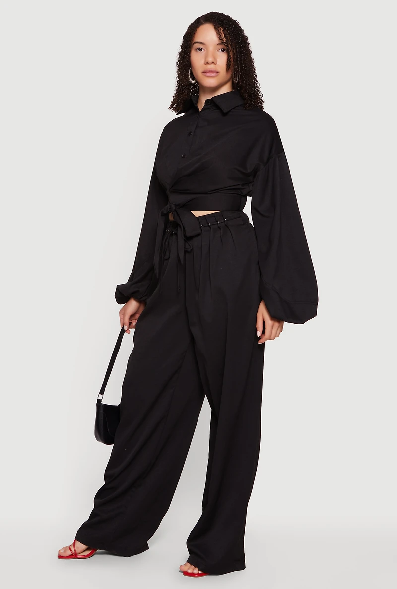 Faux Wrap Balloon Sleeve Cropped Shirt