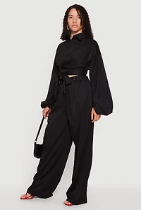 Faux Wrap Balloon Sleeve Cropped Shirt