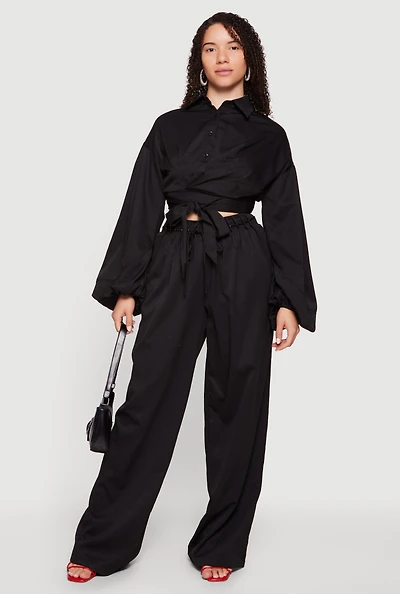 Grommet Detail Tie Waist Wide Leg Pants