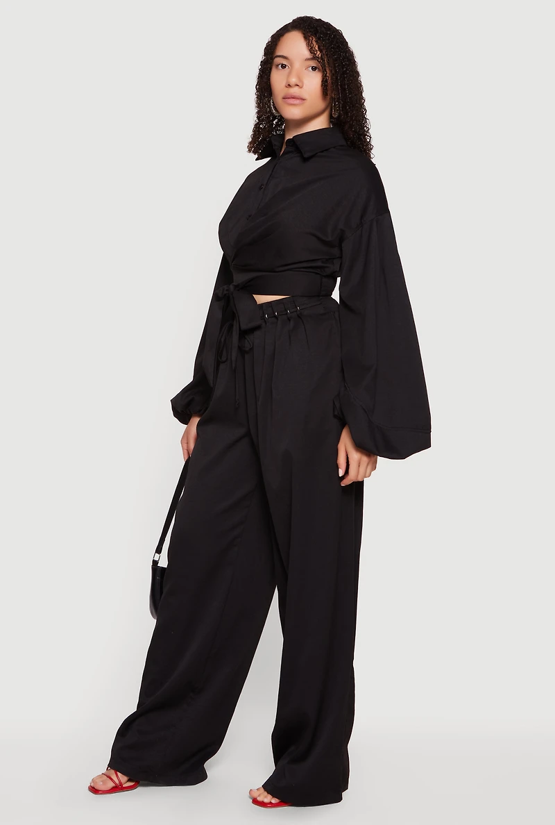 Grommet Detail Tie Waist Wide Leg Pants