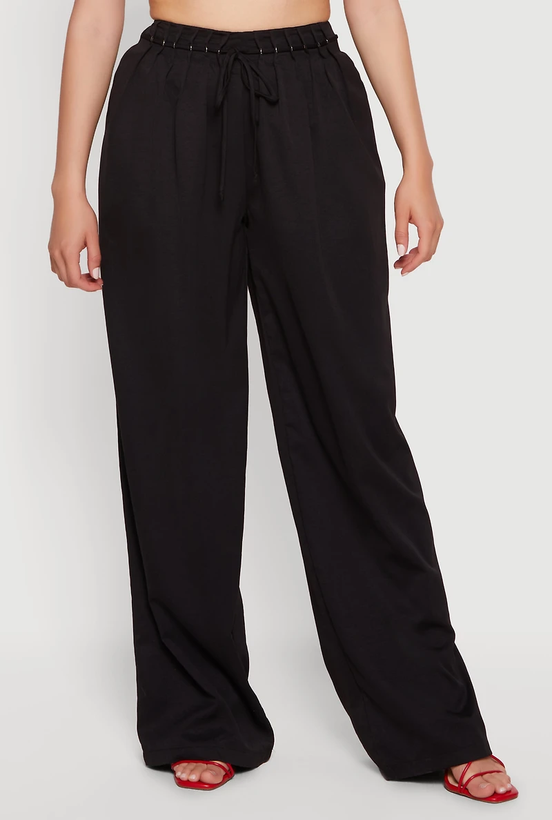Grommet Detail Tie Waist Wide Leg Pants