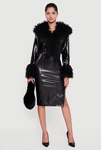 Womens Faux Fur Trim Hook and Eye Cropped Jacket, Black,