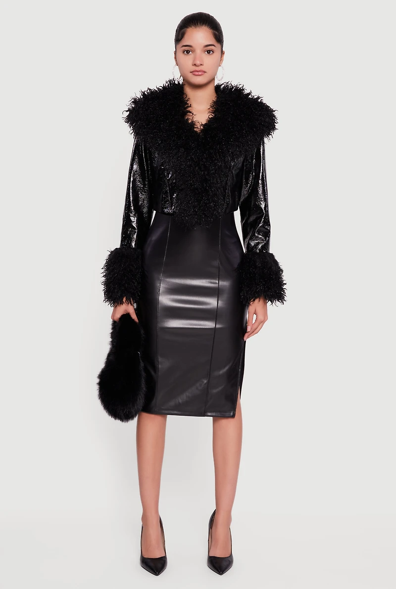 Womens Faux Fur Trim Hook and Eye Cropped Jacket, Black,