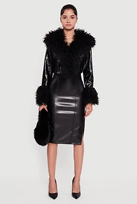 Womens Faux Fur Trim Hook and Eye Cropped Jacket, Black,