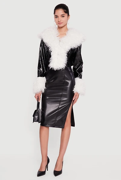 Faux Fur Trim Hook and Eye Cropped Jacket