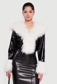 Faux Fur Trim Hook and Eye Cropped Jacket