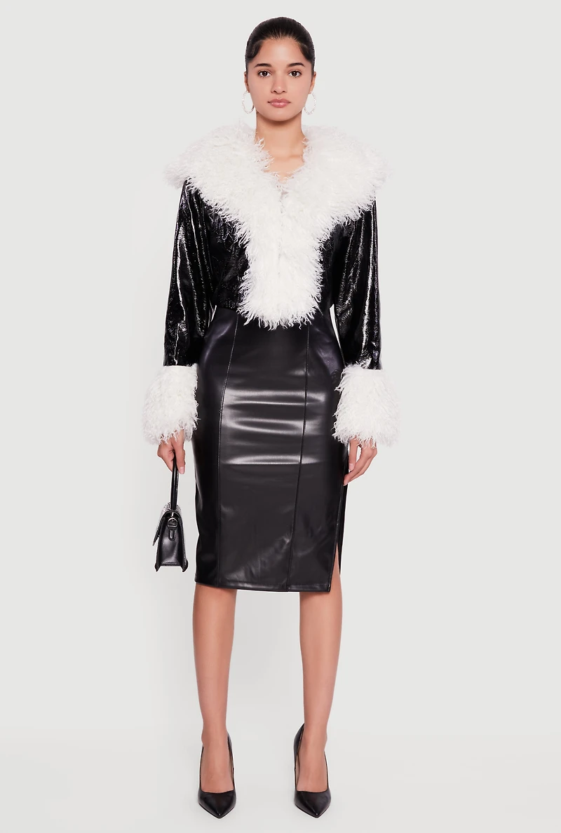 Womens Faux Fur Trim Hook and Eye Cropped Jacket, Black,