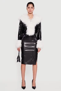 Womens Faux Fur Trim Hook and Eye Cropped Jacket, Black,