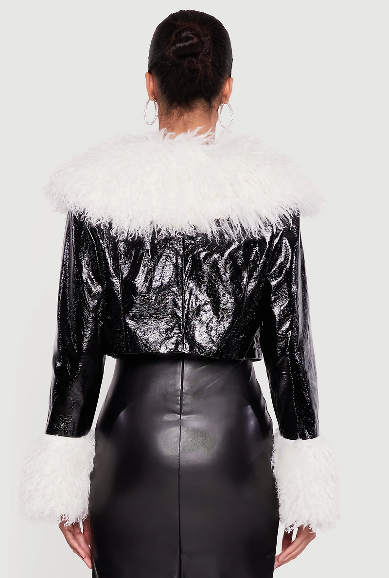 Womens Faux Fur Trim Hook and Eye Cropped Jacket, Black,