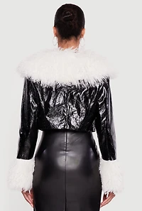 Womens Faux Fur Trim Hook and Eye Cropped Jacket, Black,