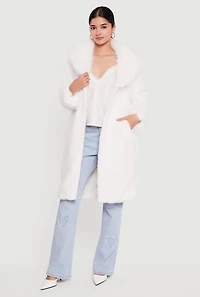 Womens Tie Waist Belted Faux Fur Trench Coat, White, Size S