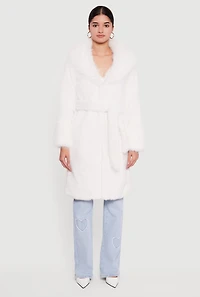 Womens Tie Waist Belted Faux Fur Trench Coat, White, Size S