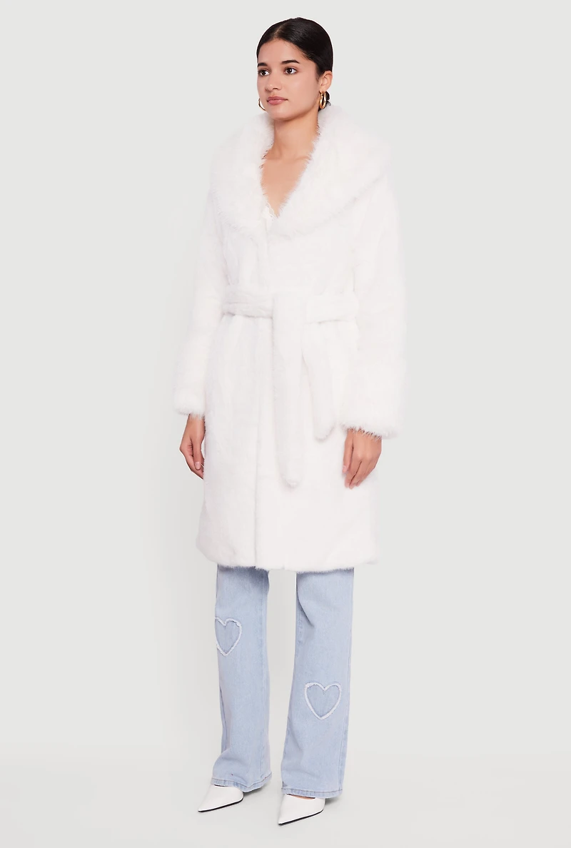 Tie Waist Belted Faux Fur Trench Coat