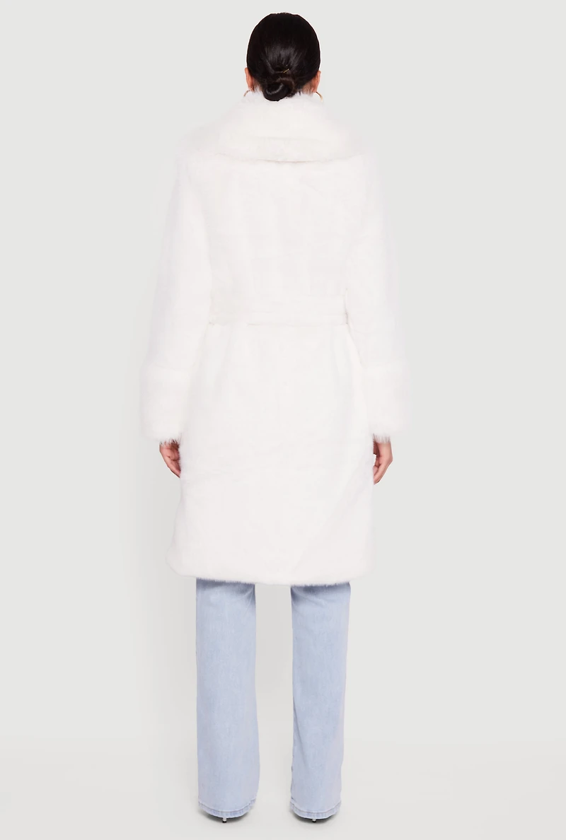 Womens Tie Waist Belted Faux Fur Trench Coat, White, Size S