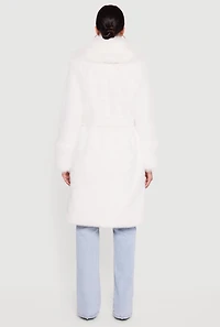 Womens Tie Waist Belted Faux Fur Trench Coat, White, Size S