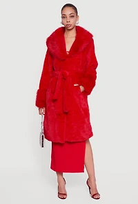 Tie Waist Belted Faux Fur Trench Coat