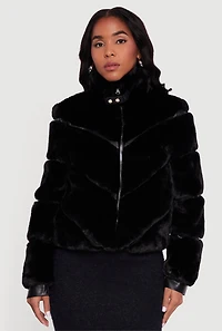 Womens Chevron Faux Fur Zip Front Jacket, Black,