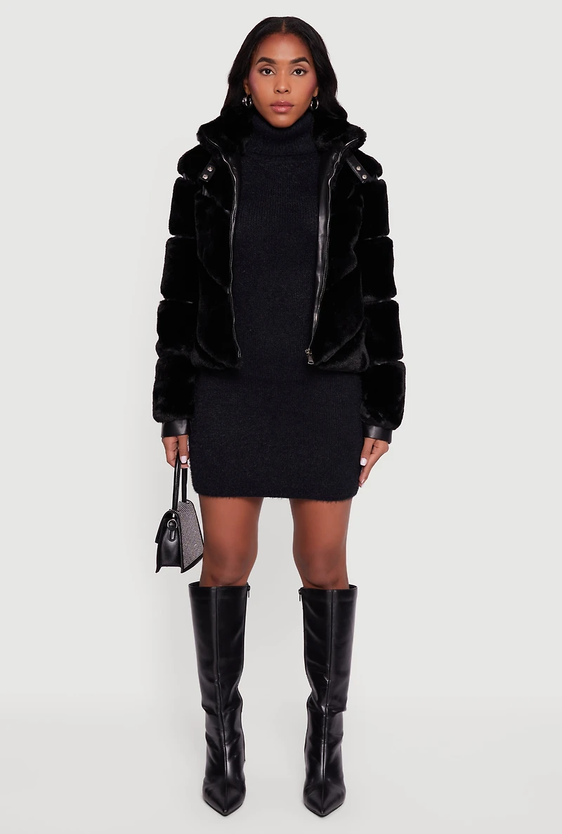 Womens Chevron Faux Fur Zip Front Jacket, Black, Size S