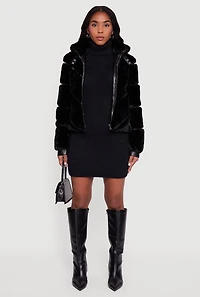 Womens Chevron Faux Fur Zip Front Jacket, Black, Size S