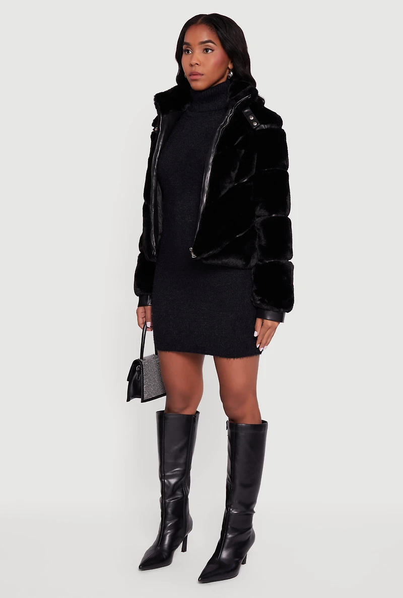 Womens Chevron Faux Fur Zip Front Jacket, Black, Size S