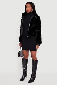 Womens Chevron Faux Fur Zip Front Jacket, Black, Size S