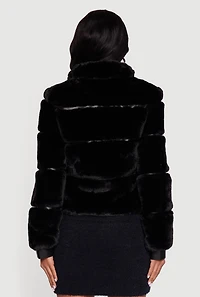 Womens Chevron Faux Fur Zip Front Jacket, Black, Size S