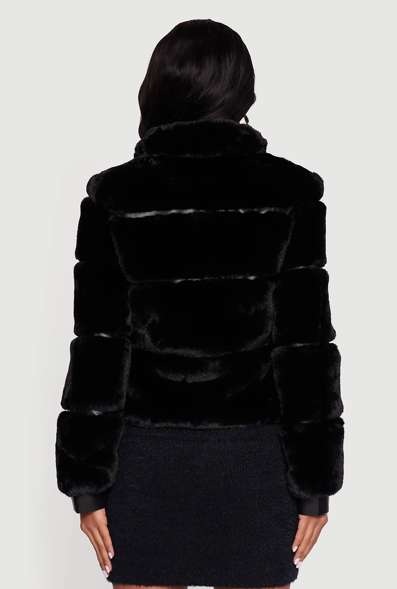 Womens Chevron Faux Fur Zip Front Jacket, Black,