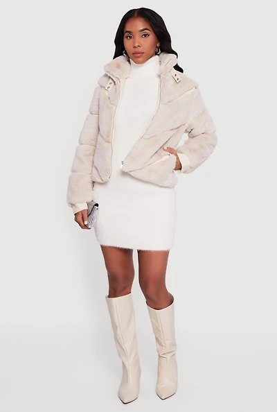 Womens Chevron Faux Fur Zip Front Jacket,