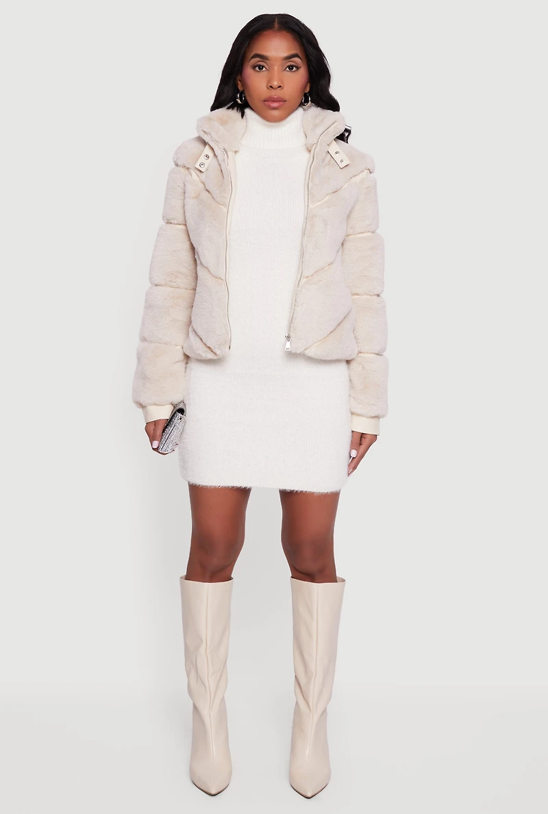 Womens Chevron Faux Fur Zip Front Jacket,