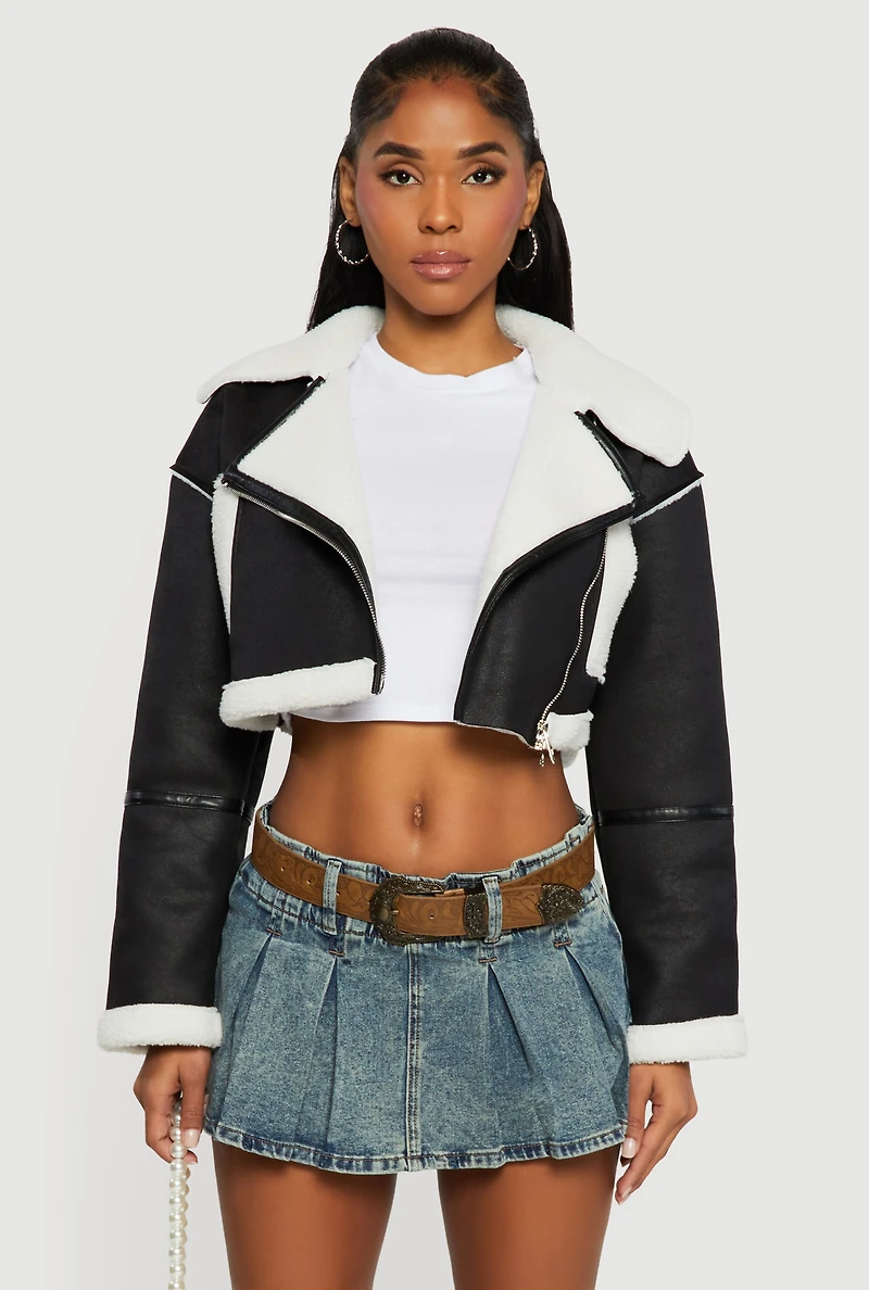 Faux Suede Sherpa Lined Cropped Moto Jacket