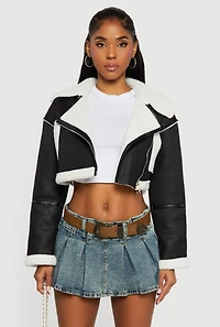 Faux Suede Sherpa Lined Cropped Moto Jacket