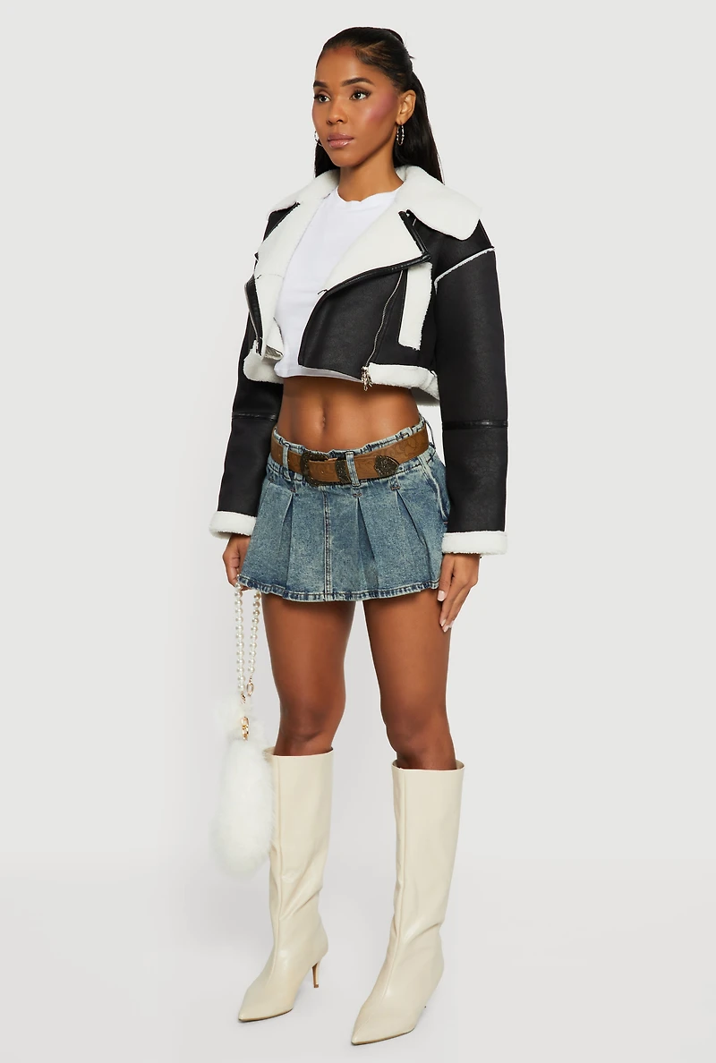 Faux Suede Sherpa Lined Cropped Moto Jacket