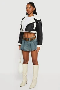 Faux Suede Sherpa Lined Cropped Moto Jacket