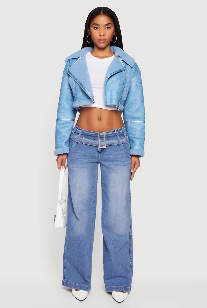 Faux Suede Sherpa Lined Cropped Moto Jacket