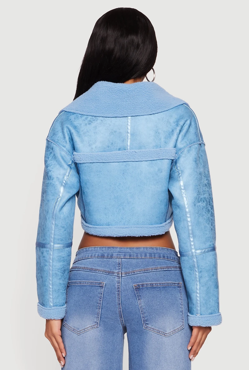 Faux Suede Sherpa Lined Cropped Moto Jacket