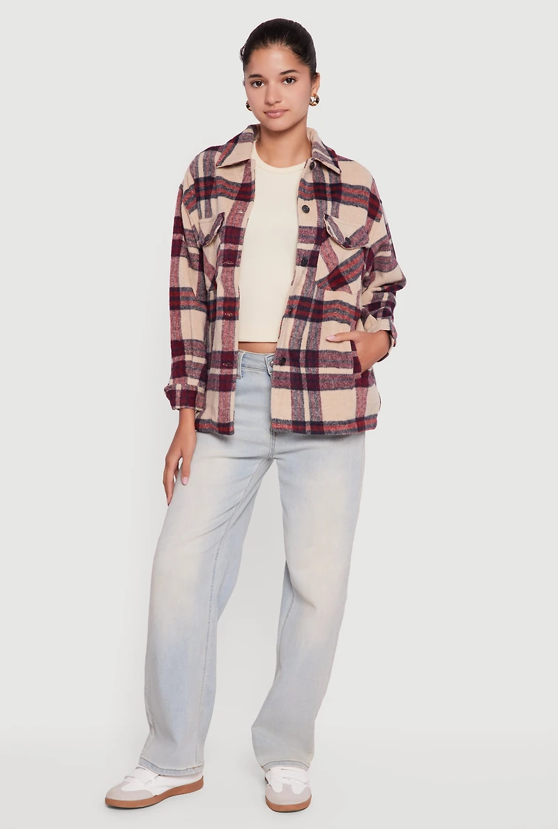 Womens Plaid Brushed Knit Button Front Shacket, Beige, Size M