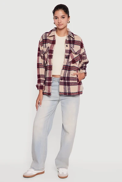 Womens Plaid Brushed Knit Button Front Shacket, Beige, Size M