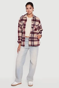 Womens Plaid Brushed Knit Button Front Shacket, Beige, Size M