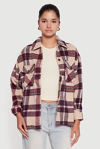 Womens Plaid Brushed Knit Button Front Shacket, Beige, Size M