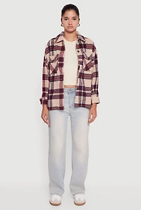 Womens Plaid Brushed Knit Button Front Shacket, Beige, Size M