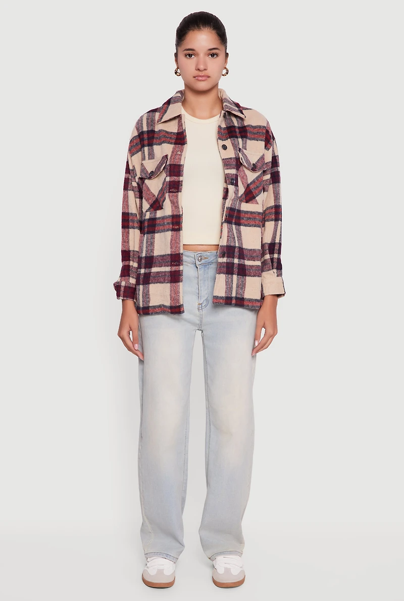 Plaid Brushed Knit Button Front Shacket