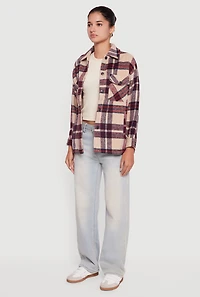 Womens Plaid Brushed Knit Button Front Shacket, Beige, Size M