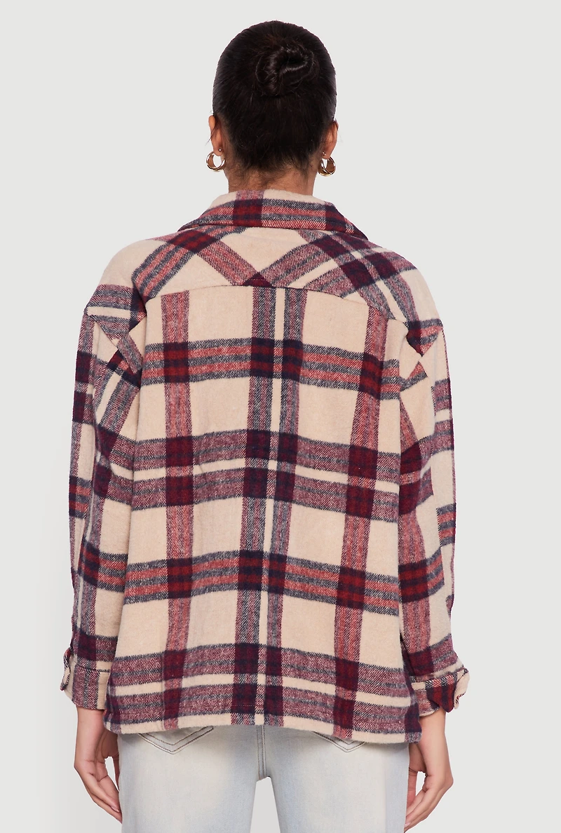 Womens Plaid Brushed Knit Button Front Shacket, Beige, Size M
