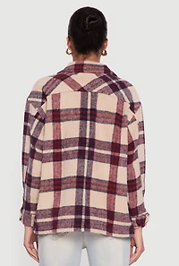 Womens Plaid Brushed Knit Button Front Shacket, Beige, Size L