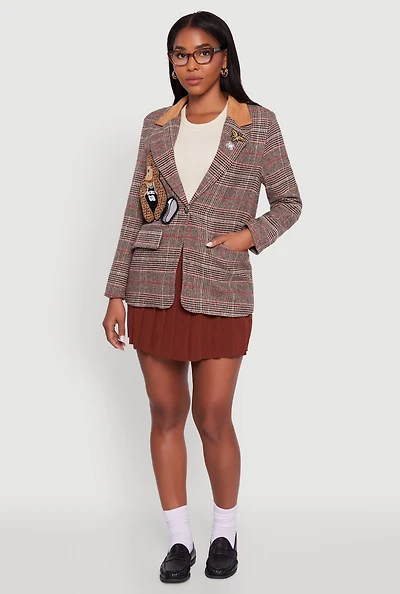 Womens Chenille Bear Graphic Plaid Blazer with Padded Shoulders, Brown, Size S