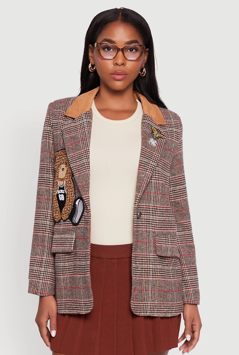 Womens Chenille Bear Graphic Plaid Blazer with Padded Shoulders, Brown, Size L