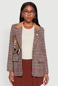 Womens Chenille Bear Graphic Plaid Blazer with Padded Shoulders, Brown, Size L