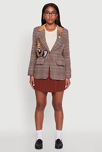 Womens Chenille Bear Graphic Plaid Blazer with Padded Shoulders, Brown, Size L